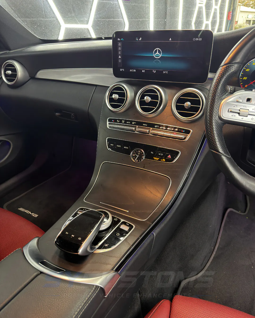 Mercedes C-Class Coupe (Facelift) before oem ambient lighting, custom steering wheel, car accessories, starlight installation