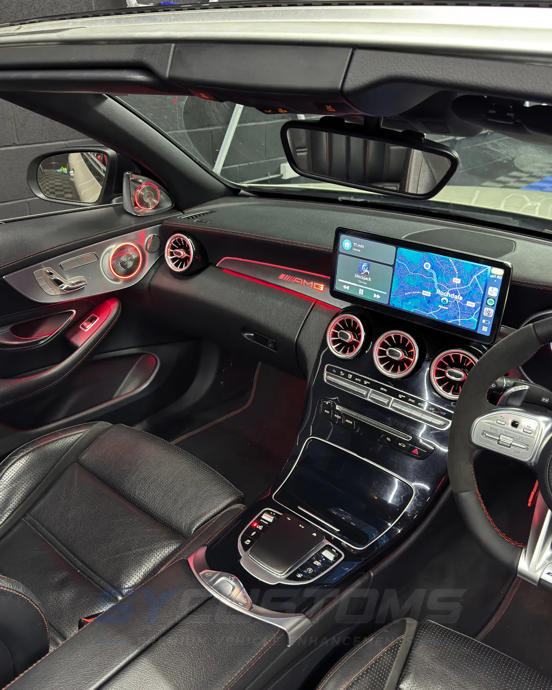 Mercedes C-Class Coupe (Pre-Facelift) after oem ambient lighting, digital cluster, android screen, steering wheel, car accessories installation