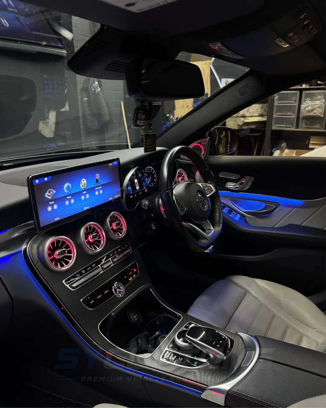 Mercedes C-Class Saloon after oem ambient lighting, screen upgrade, digital cluster upgrade installation