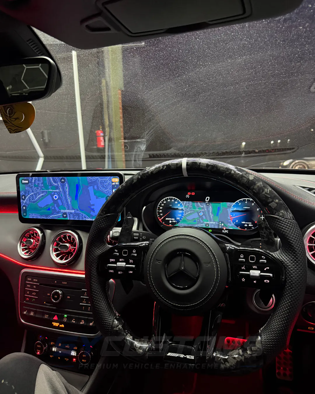Mercedes CLA W117 OEM Ambient Lighting, Screen upgrade, Digital Cluster upgrade, Custom Steering Wheel installation