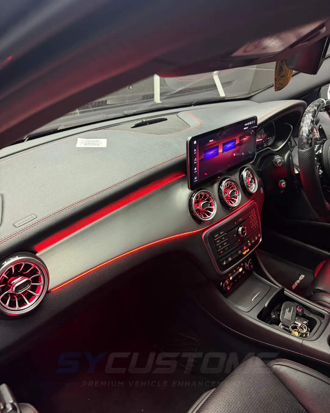 Mercedes CLA W117 OEM Ambient Lighting, Screen upgrade, Digital Cluster upgrade, Custom Steering Wheel installation