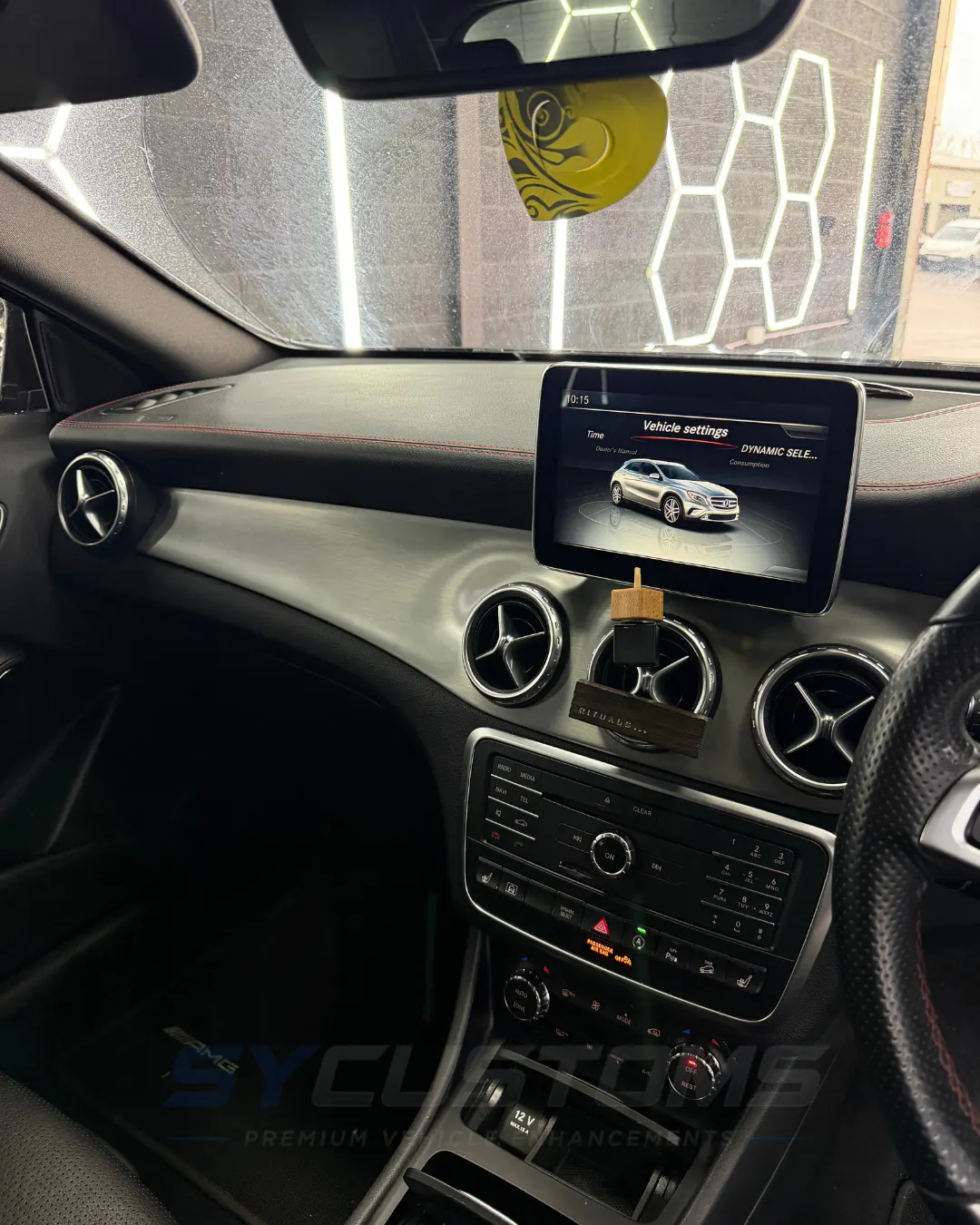 Mercedes CLA W117 before oem ambient lighting, screen upgrade, digital cluster upgrade, custom steering wheel installation