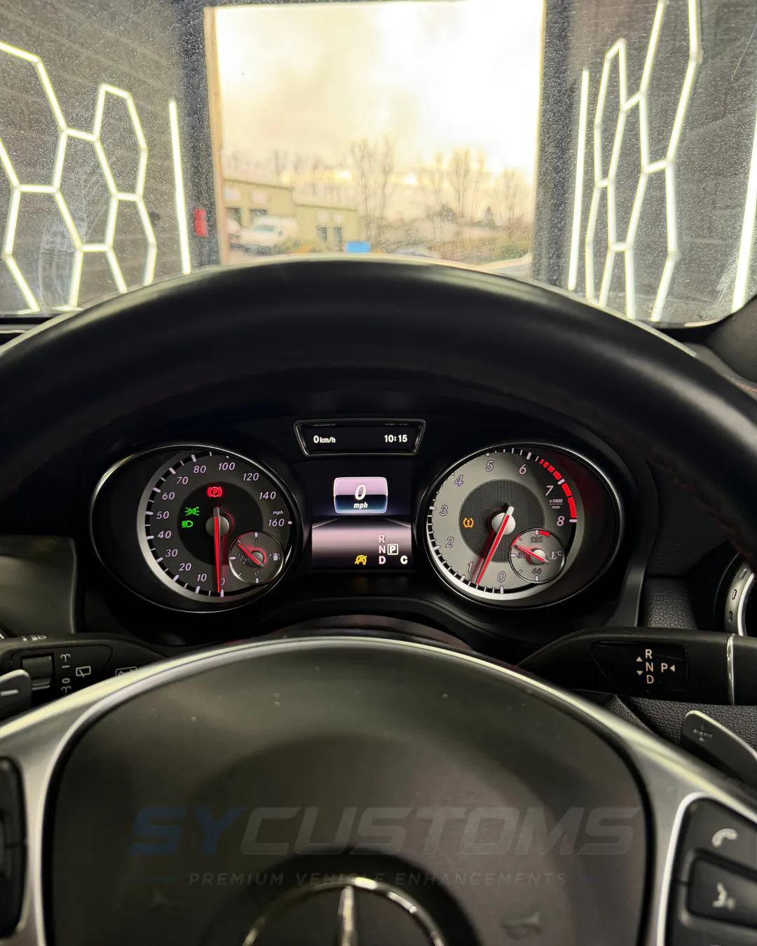 Mercedes CLA W117 before oem ambient lighting, screen upgrade, digital cluster upgrade, custom steering wheel installation