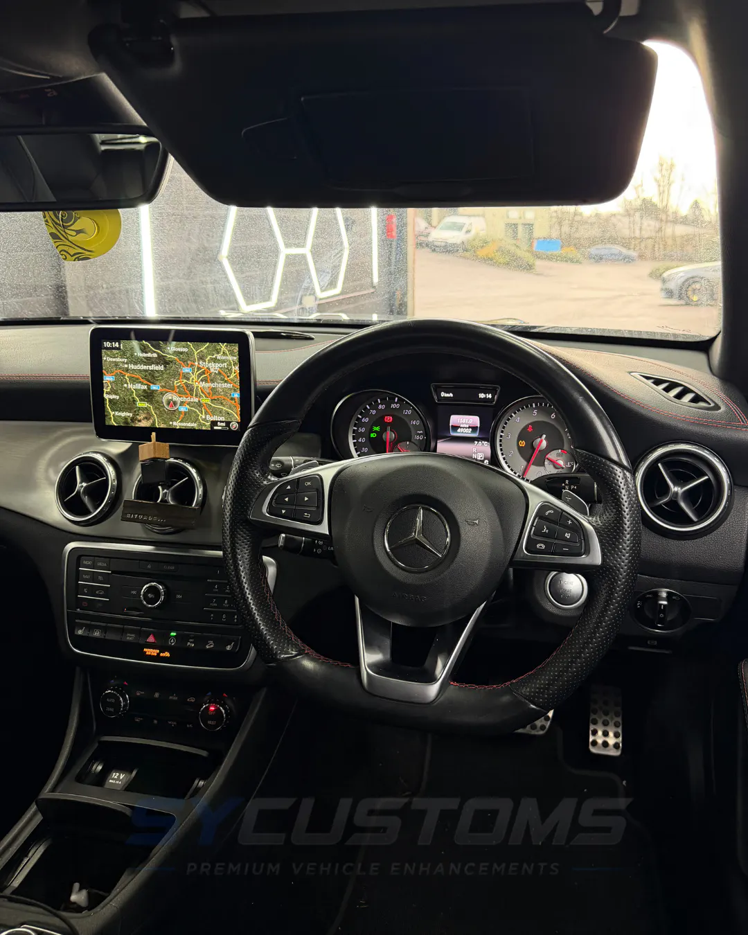 Mercedes CLA W117 before oem ambient lighting, screen upgrade, digital cluster upgrade, custom steering wheel installation