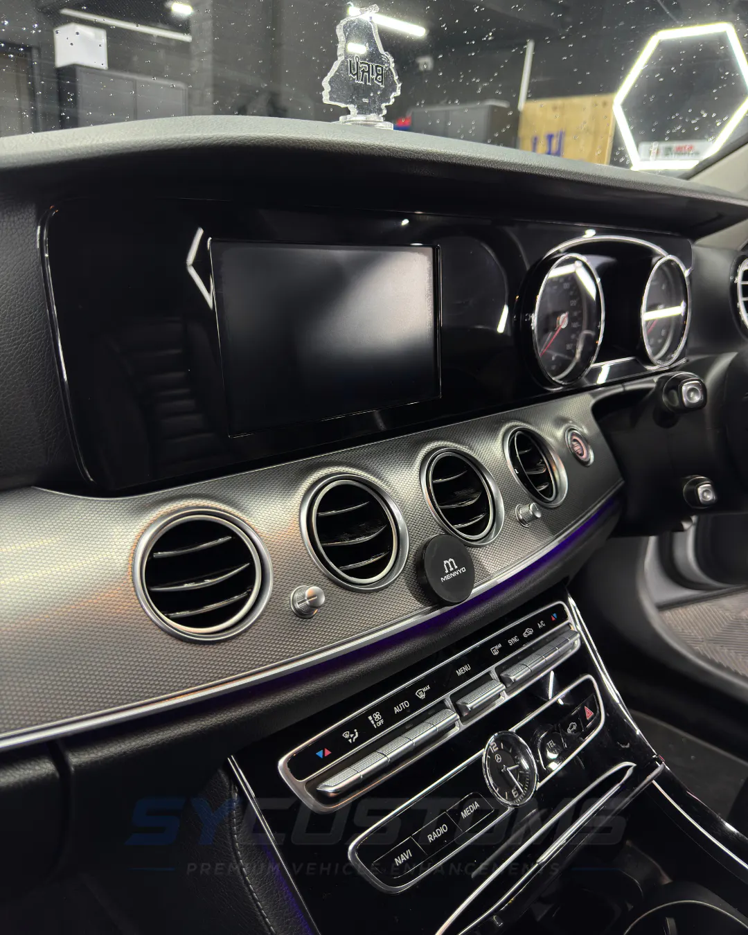Mercedes E-Class before oem retrofits, oem ambient lighting, car accessories, custom steering wheel installation