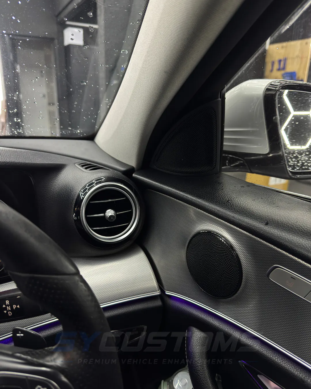 Mercedes E-Class before oem retrofits, oem ambient lighting, car accessories, custom steering wheel installation